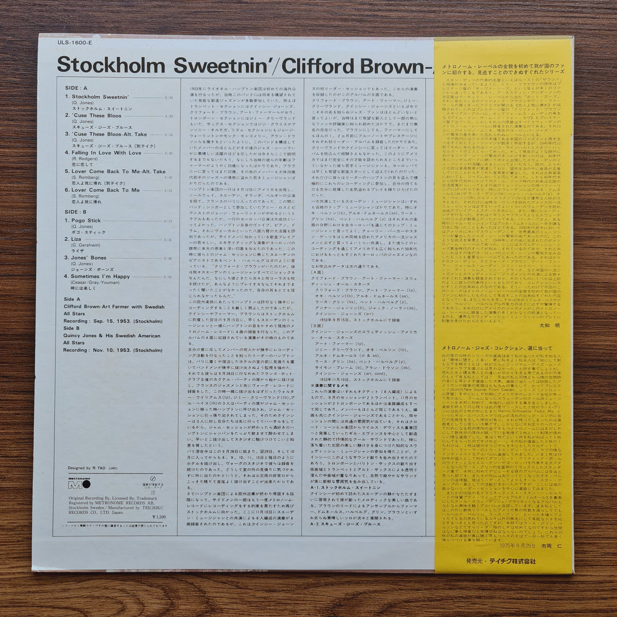 Clifford Brown - Art Farmer – Stockholm Sweetnin' Only Japan Vinyl