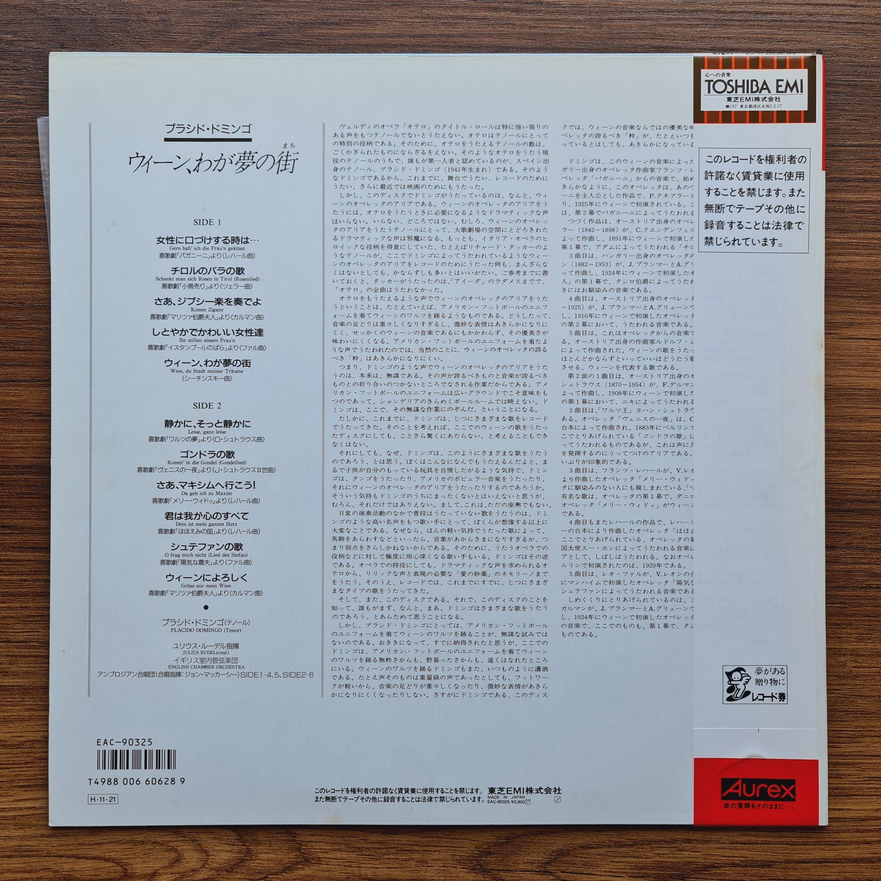 Placido Domingo – Vienna, City Of My Dreams Only Japan Vinyl
