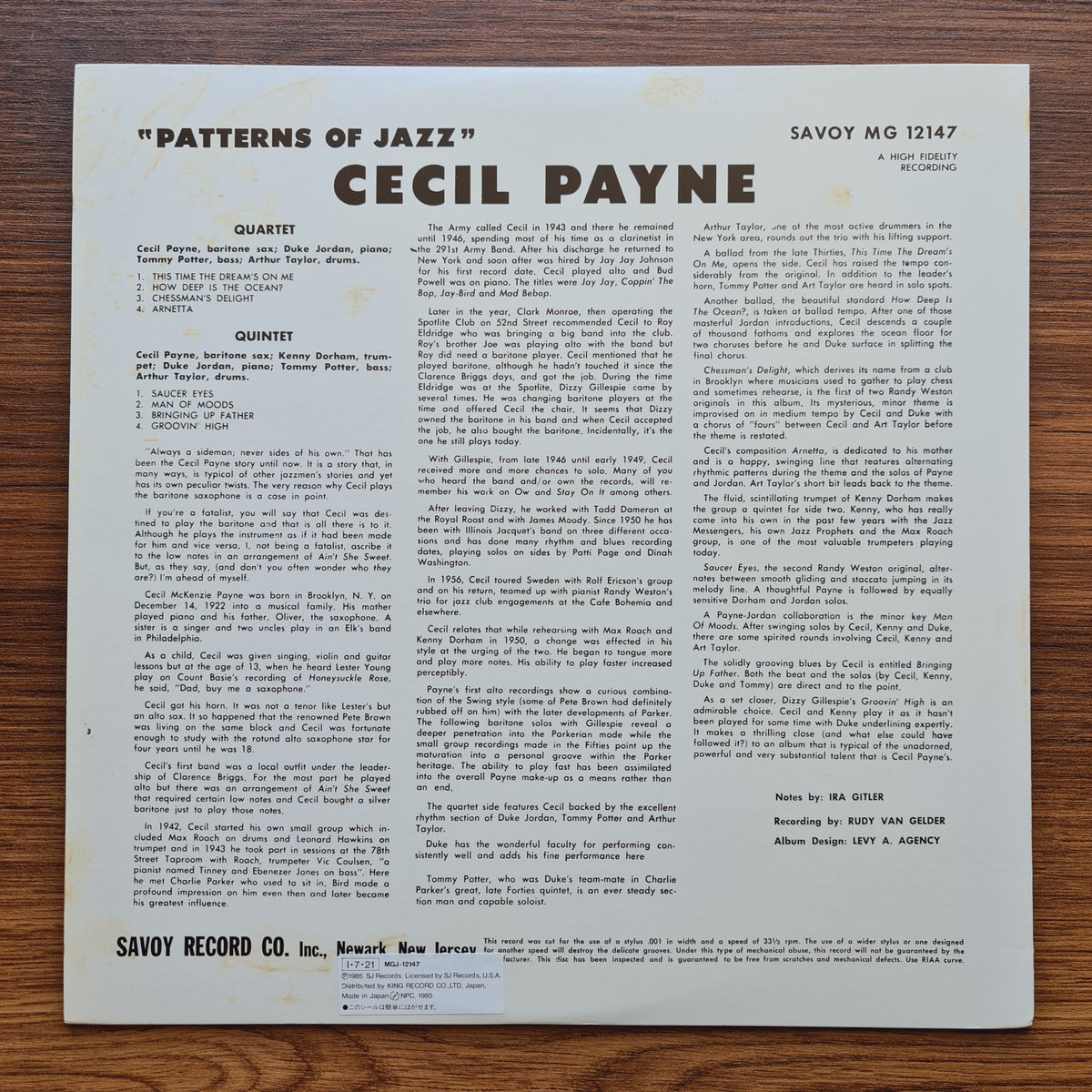 Cecil Payne – Patterns Of Jazz Only Japan Vinyl