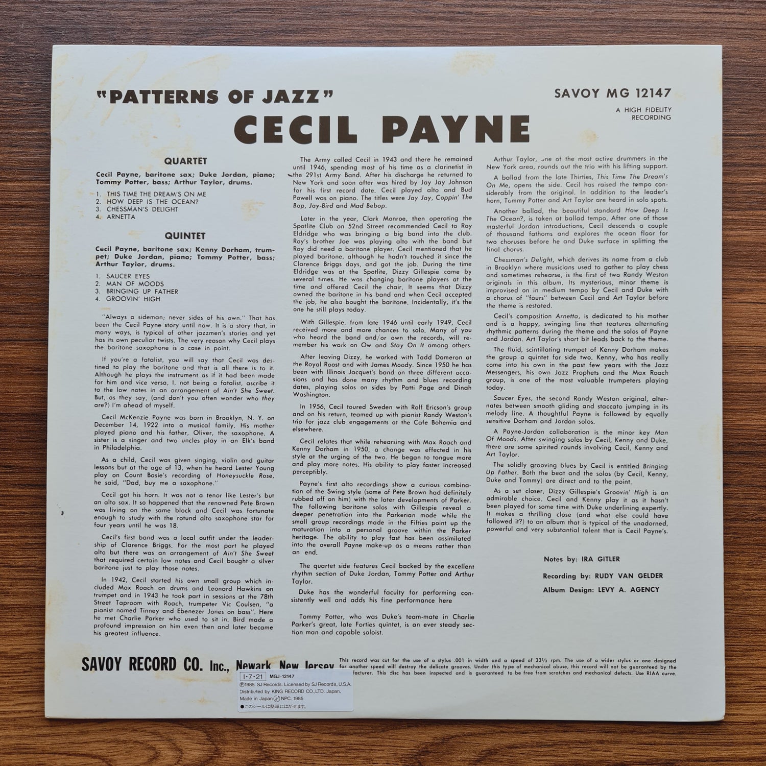 Cecil Payne – Patterns Of Jazz Only Japan Vinyl