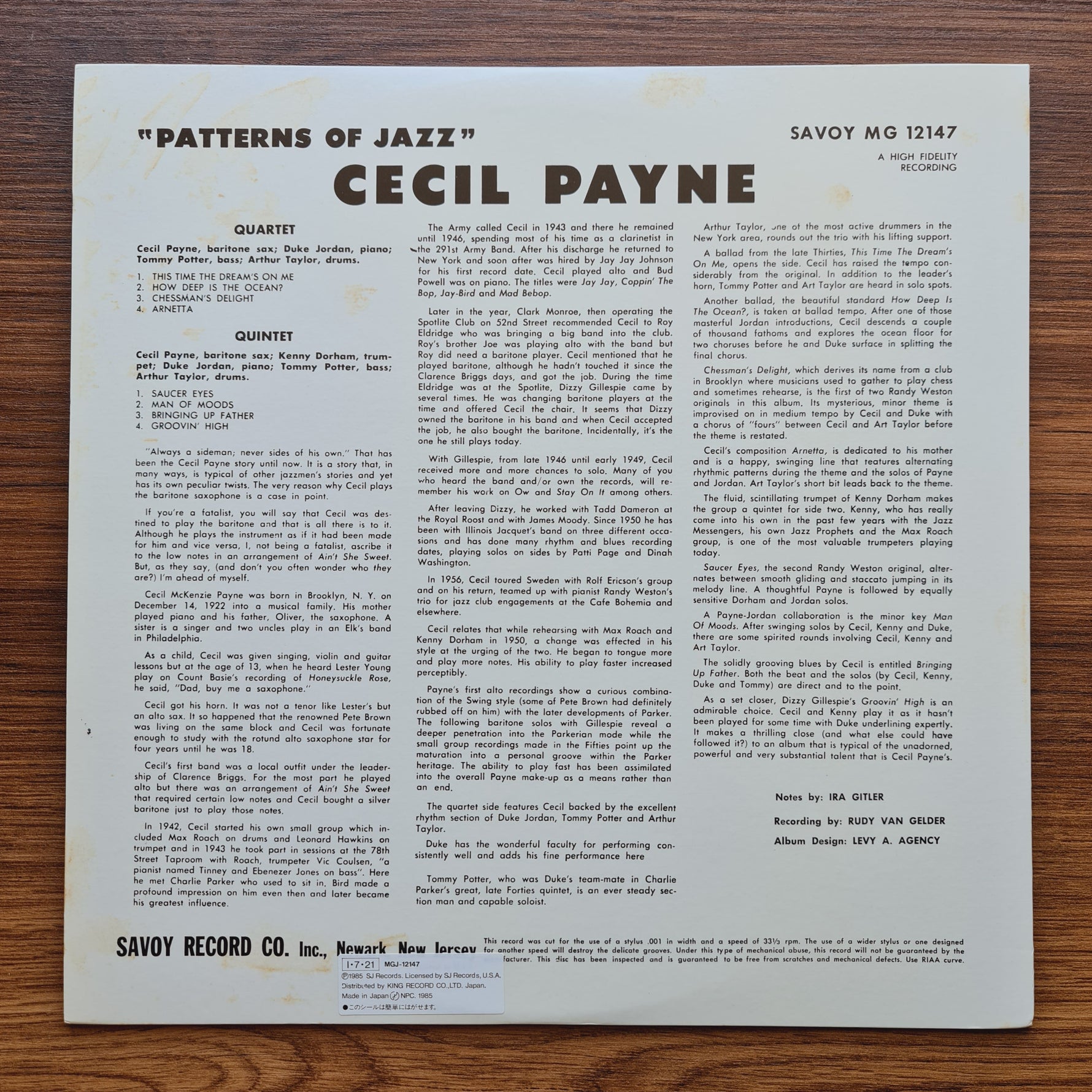 Cecil Payne – Patterns Of Jazz Only Japan Vinyl
