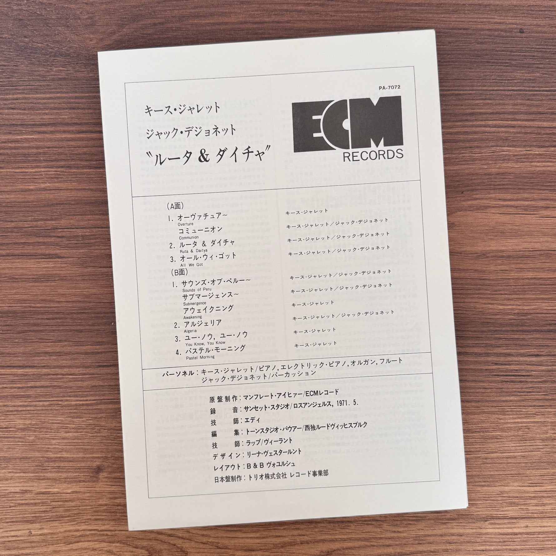 Keith Jarrett & Jack DeJohnette – Ruta And Daitya Japan Vinyl