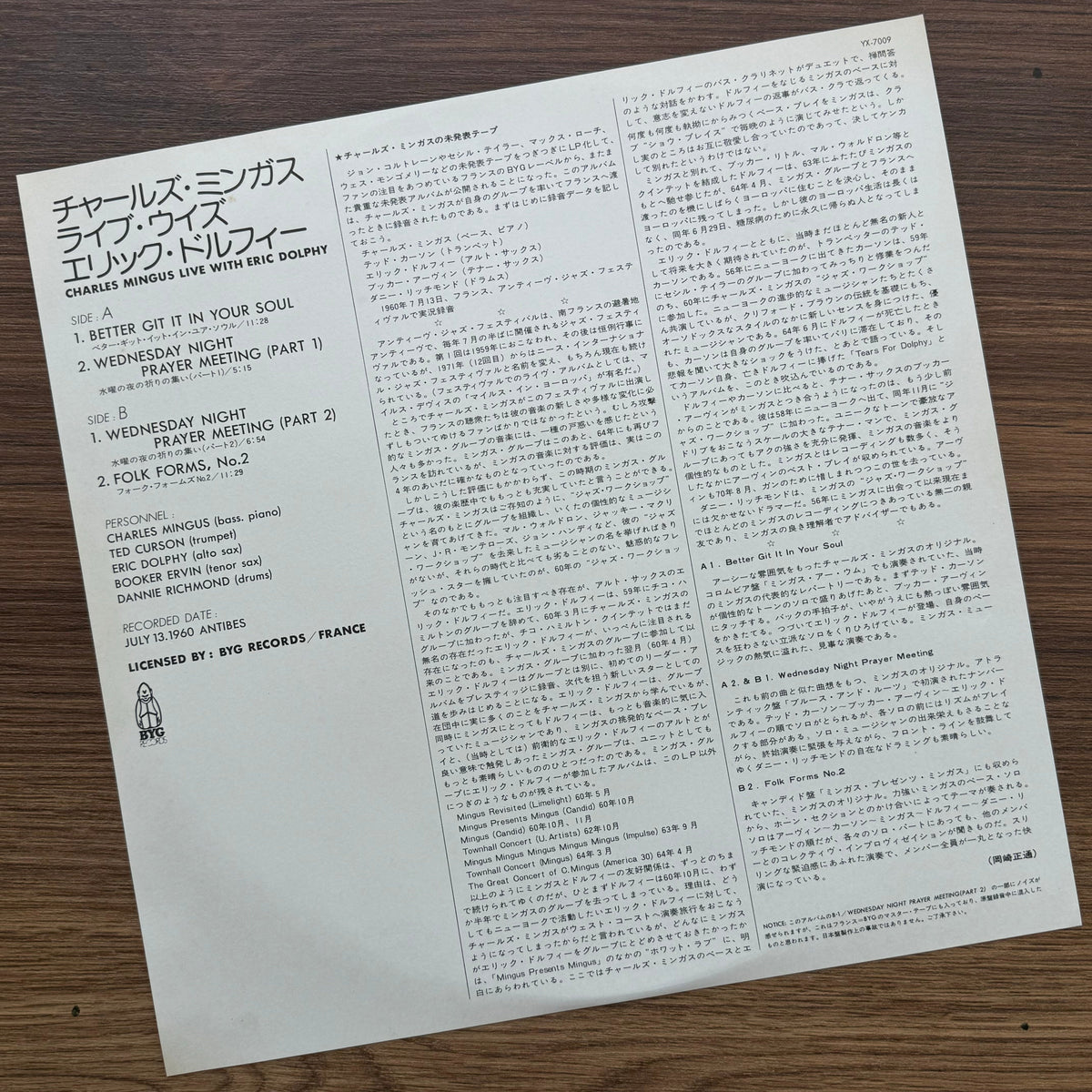 Charles Mingus With Eric Dolphy – Charles Mingus Live With Eric Dolphy 33'lük LP PLAK Japan Vinyl