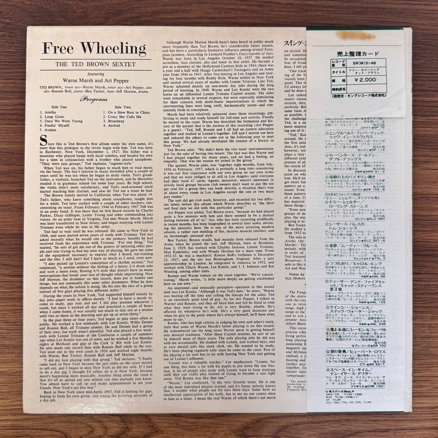 Ted Brown Sextet Featuring Warne Marsh And Art Pepper – Free Wheeling Only Japan Vinyl