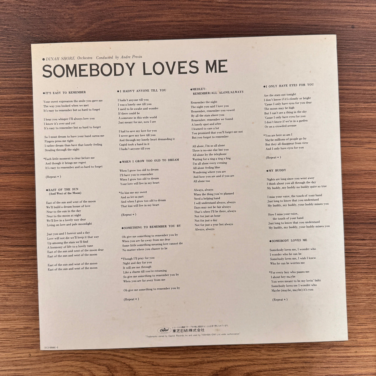 Dinah Shore, André Previn And His Orchestra – Somebody Loves Me Only Japan Vinyl