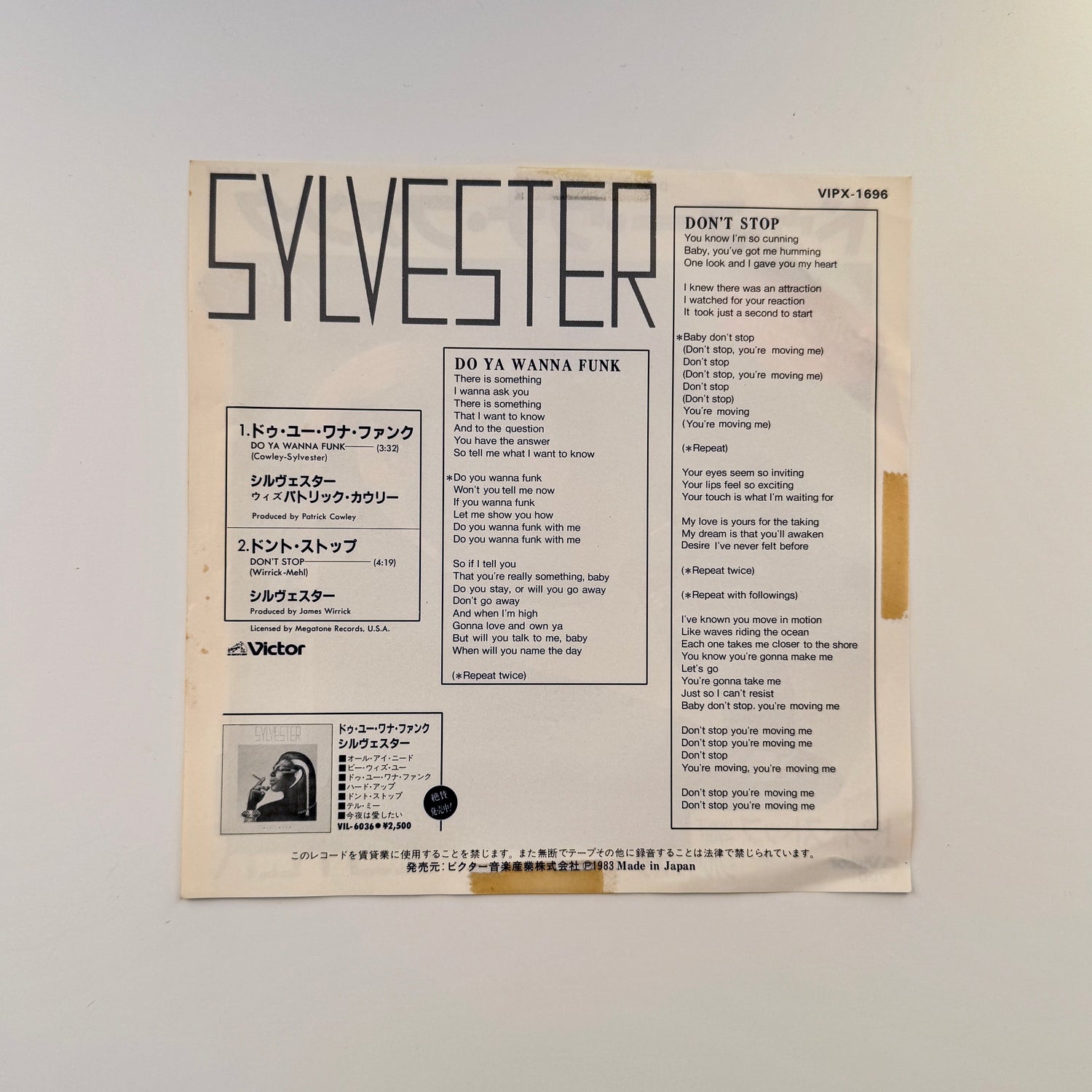 Sylvester – Do Ya Wanna Funk / Don't Stop Japan Vinyl