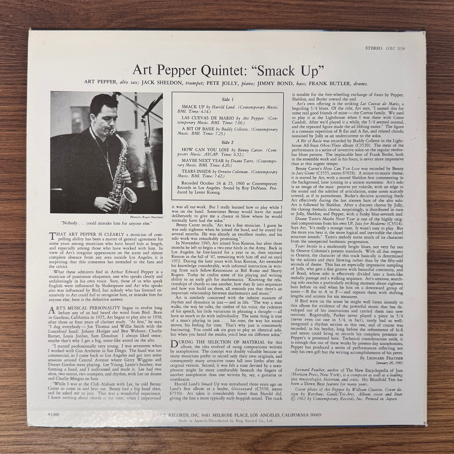 Art Pepper Quintet – Smack Up Only Japan Vinyl