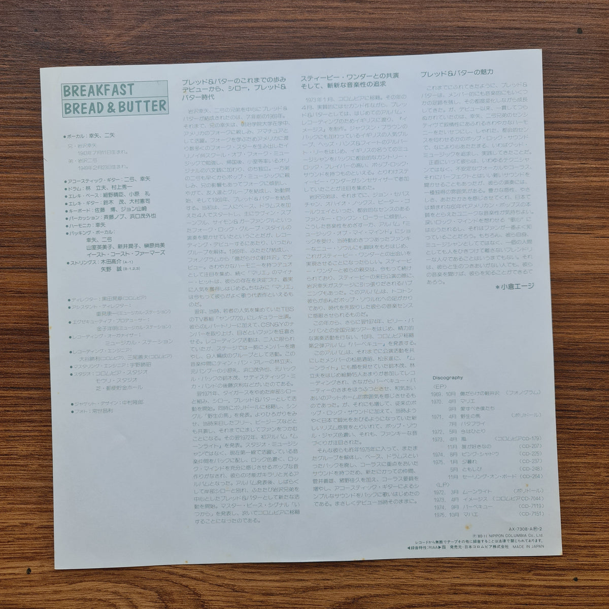 Bread & Butter – Breakfast 33'lük LP PLAK Japan Vinyl