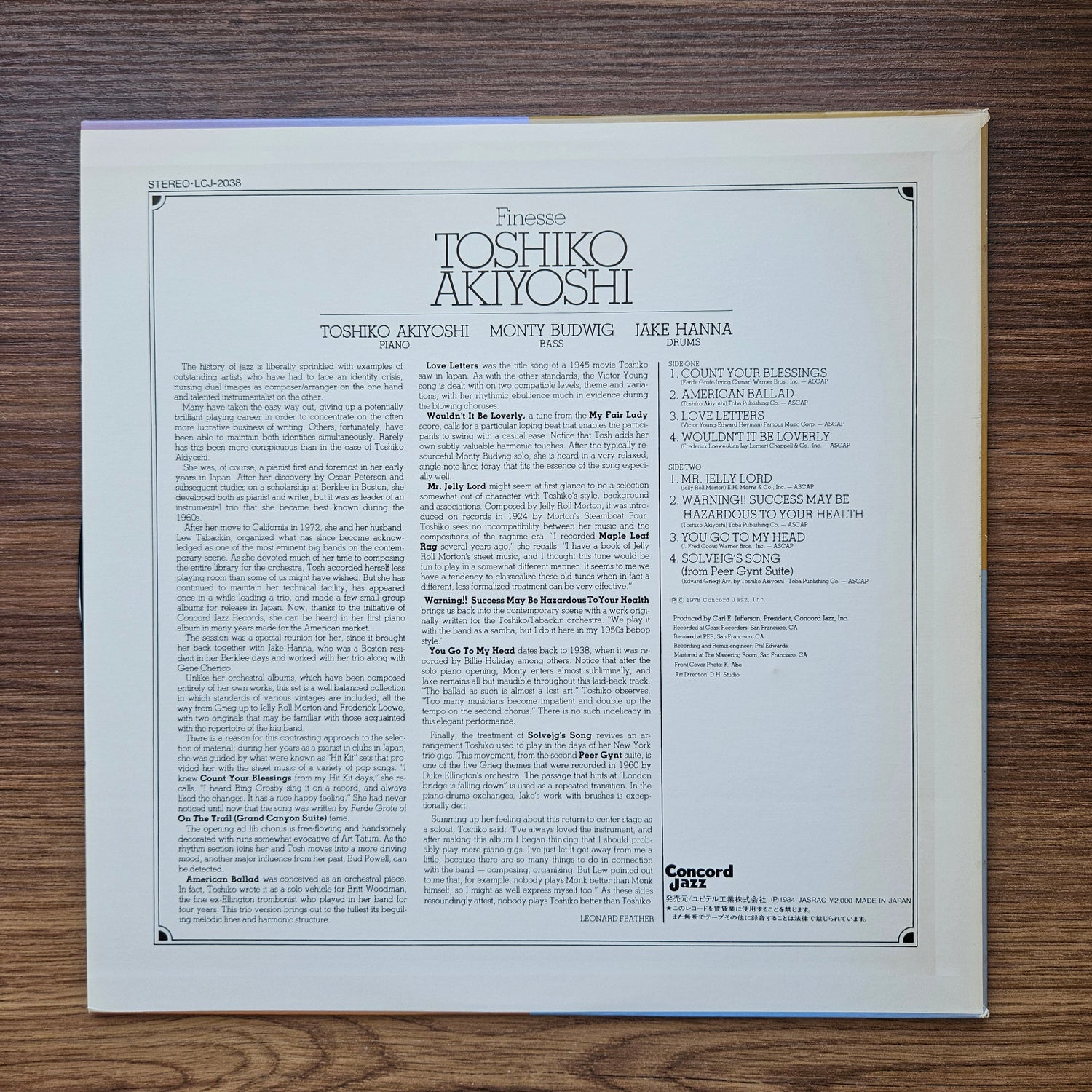 Toshiko Akiyoshi – Finesse 33'lük LP PLAK Japan Vinyl