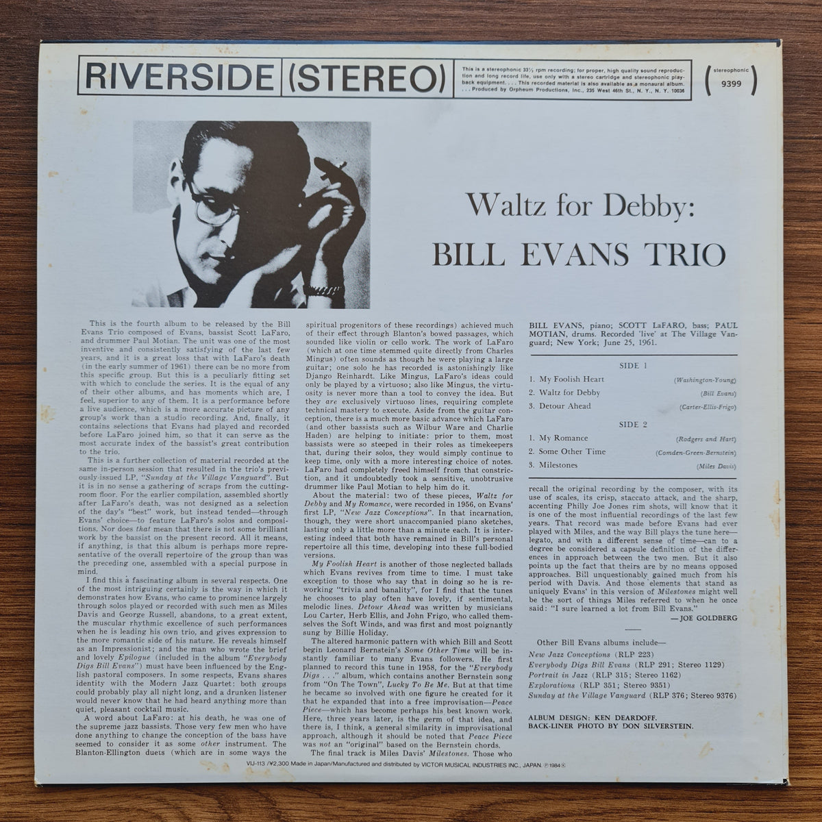 Bill Evans Trio – Waltz For Debby 33'lük LP PLAK Japan Vinyl