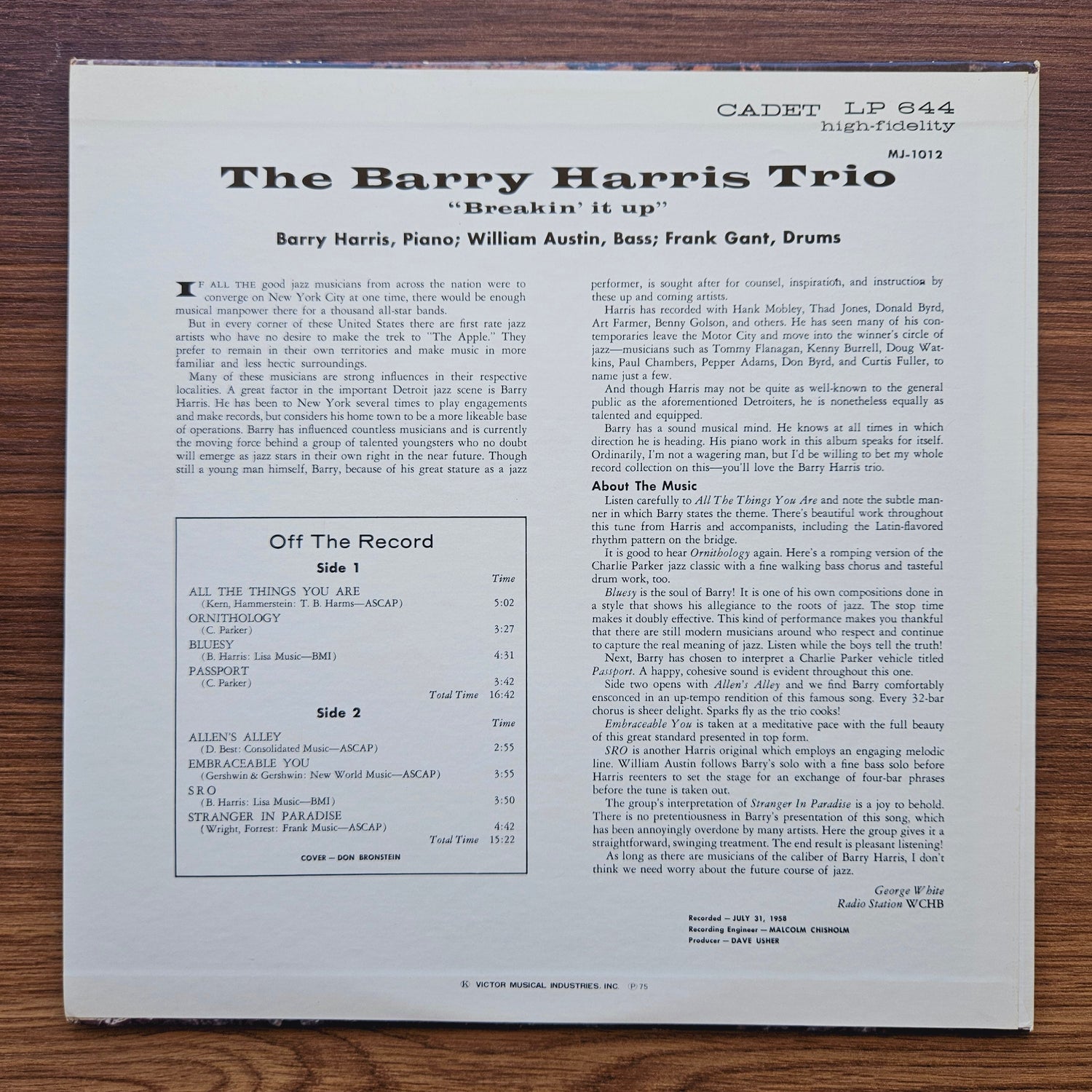 The Barry Harris Trio – Breakin' It Up 33'lük LP PLAK Japan Vinyl