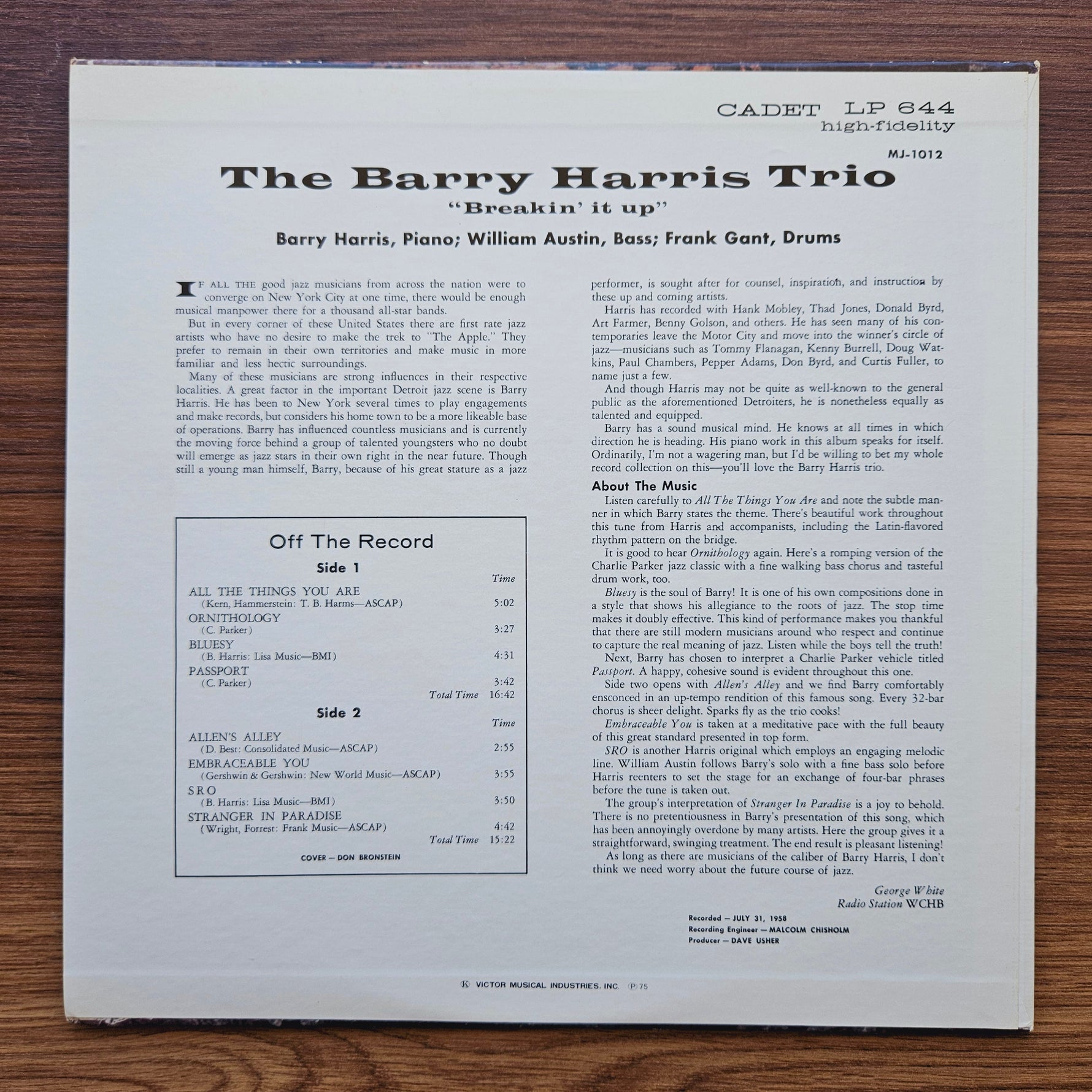 The Barry Harris Trio – Breakin' It Up 33'lük LP PLAK Japan Vinyl