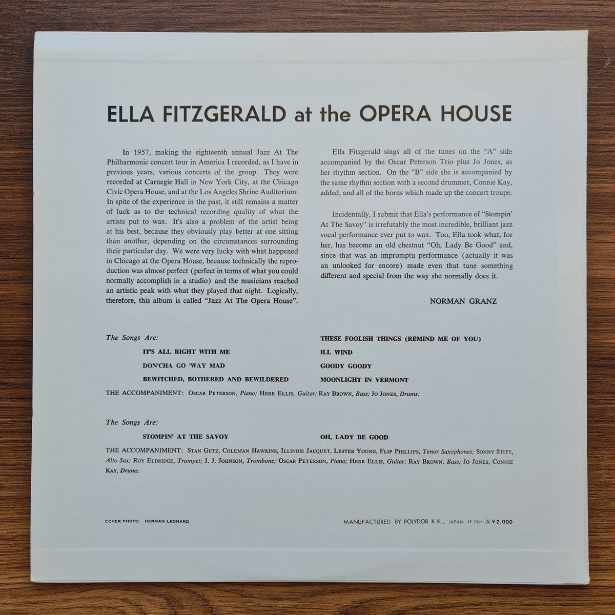 Ella Fitzgerald – Ella Fitzgerald At The Opera House 33'lük LP PLAK Japan Vinyl
