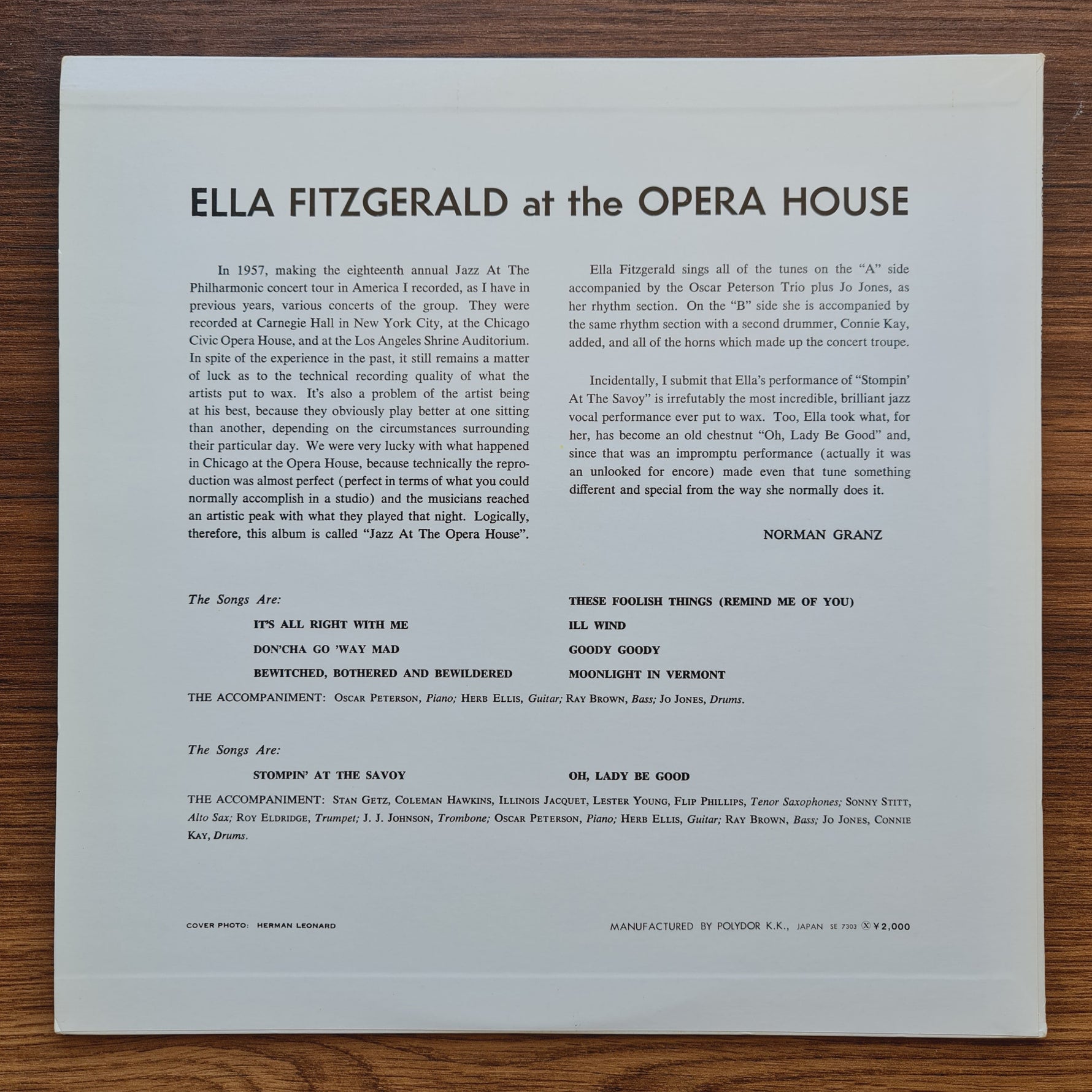 Ella Fitzgerald – Ella Fitzgerald At The Opera House 33'lük LP PLAK Japan Vinyl