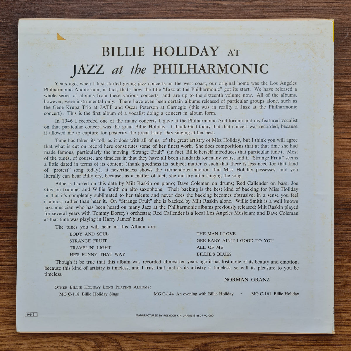 Billie Holiday – At Jazz At The Philharmonic 33'lük LP PLAK Japan Vinyl