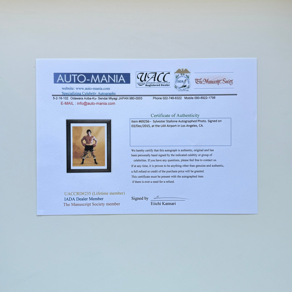 Sylvester Stallone Rocky 21x26 cm Boyutunda El İmzalı Fotoğraf (Ömür Boyu COA) Japan Vinyl