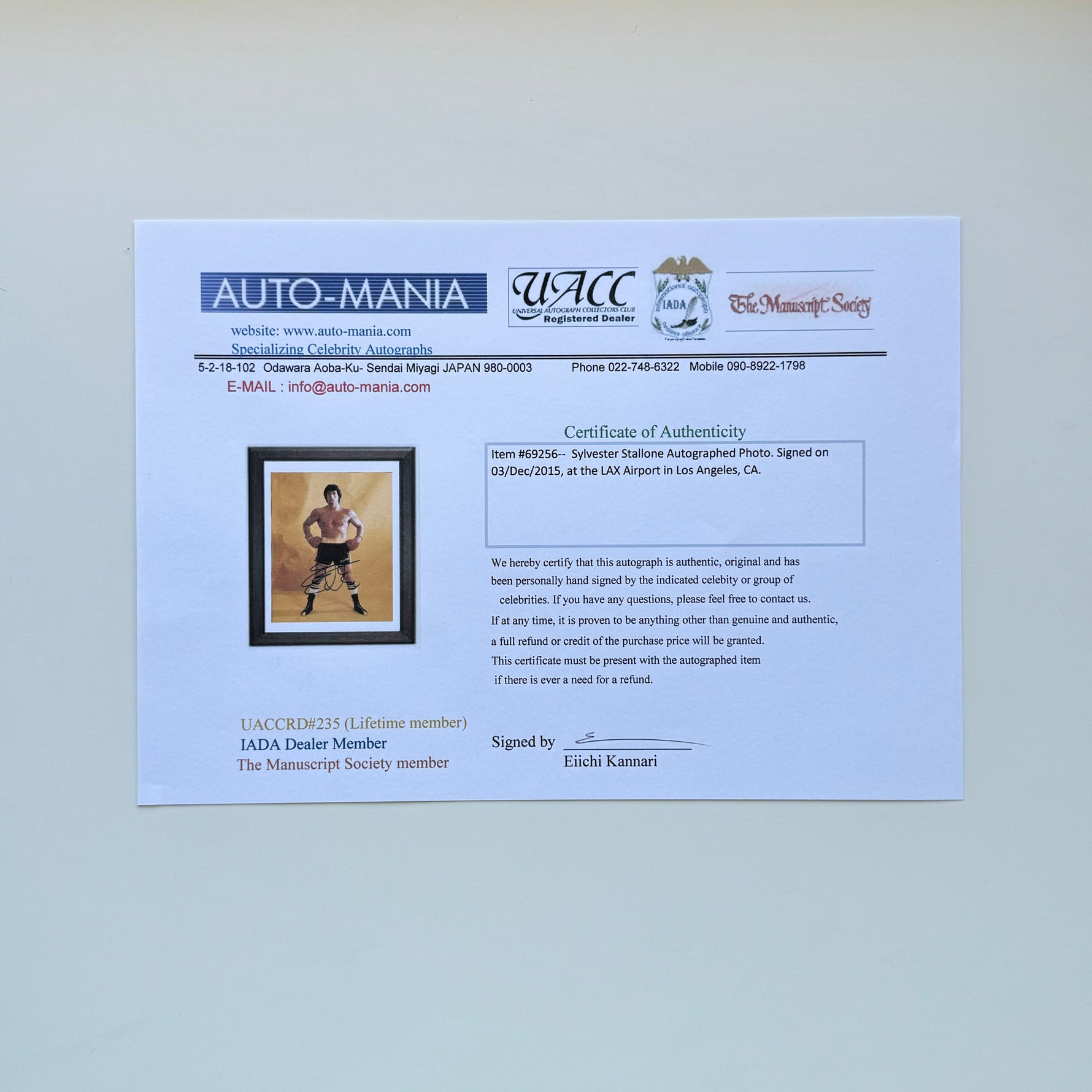 Sylvester Stallone Rocky 21x26 cm Boyutunda El İmzalı Fotoğraf (Ömür Boyu COA) Japan Vinyl